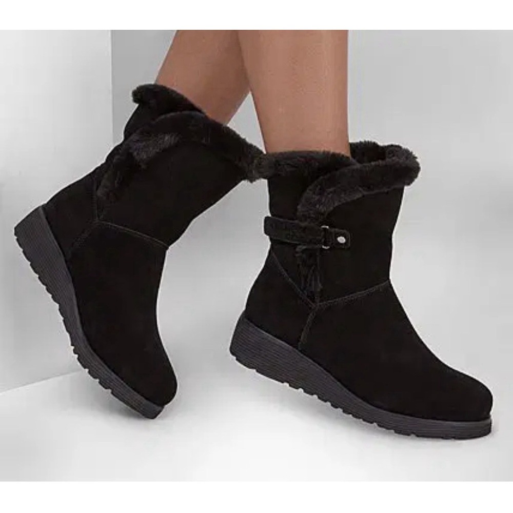 Skechers Keepsakes Suede Boots Soft Wedge Black Women's Size US 6 EU 36